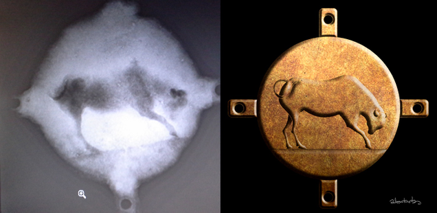 Left: An x-ray scan of the disc revealed the impression of a bull (Image: EUA). Right: Artist’s impression of the disc. (Alexander Tourtas)